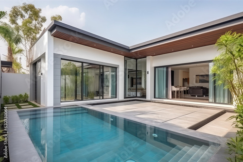 home or house building Exterior and interior design showing tropical pool villa with green garden and bedroom © Kien