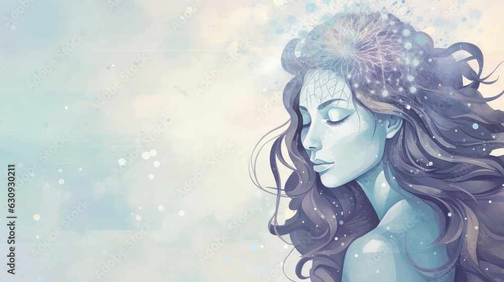 Illustration of woman sleeping and dreaming. Psychic girl considers mind and heart, spirituality, esotericism. Psychic waves concept, Generative AI illustration