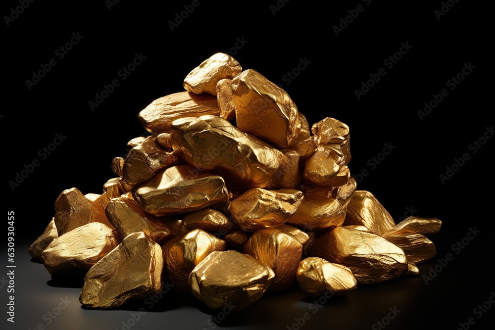 Piles of gold nuggets. Ai. Shiny golden stones in heaps isolated on black background