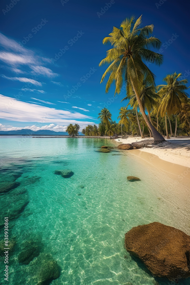 Fototapeta premium Tranquility on a Remote Island with Crystal-Clear Waters and Palm Trees. Solitude and Relaxation. wallpaper