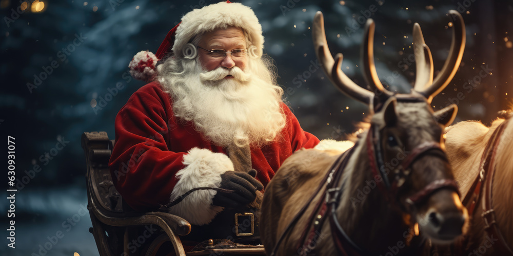 Friendly and smiling Santa Claus in his sleigh guided by enchanted reindeer on Christmas night.