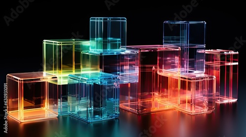 AI-generated illustration of colorful transparent cubes on a black background. MidJourney.