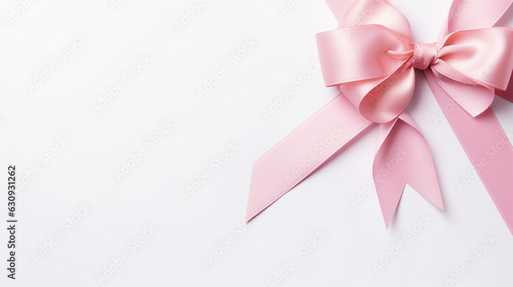 pink ribbon with bow on white background top view. Generative Ai. 