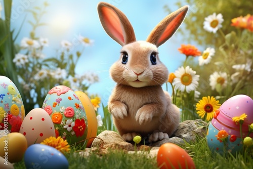 Easter Cute Bunny In Sunny Garden With Decorated Eggs. Ai