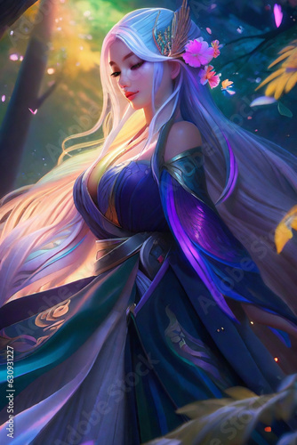 Kimono Fantasy, Dynamic Pose of a Beautiful White-Haired Elf