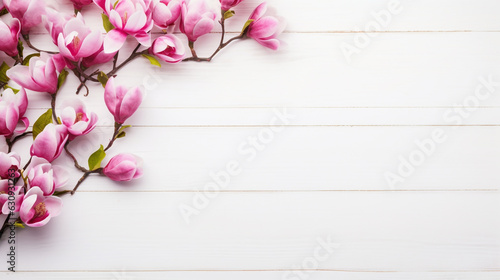 twig blooming magnolia on a white wooden background. Generative Ai. 