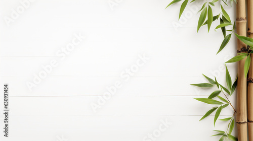 bamboo leaves on white wooden background. Generative Ai. 