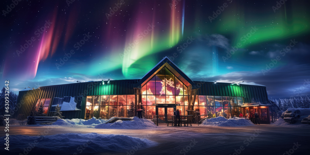 Beautiful roadside shop or market decorated for Christmas night with sky and northern lights.