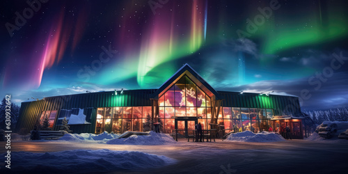 Beautiful roadside shop or market decorated for Christmas night with sky and northern lights. © Bnetto