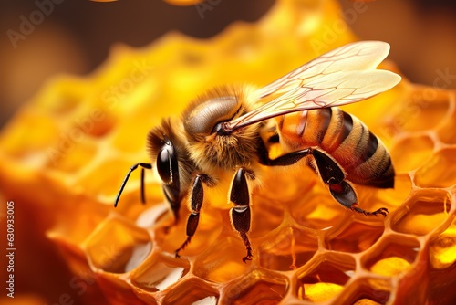 A bee sitting on top of a piece of honey. Generative Ai art. Closeup view © Kay