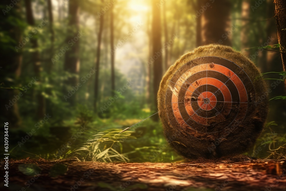 Round target in the forest, aged dartboard in the jungle, Generative AI Round target in the forest, aged dartboard in the jungle, Generative AI