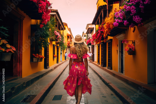 Woman Embracing the Charm of Colombia in a Colorful Dress. Joyful Cultural Discovery. Cultural Fusion in Cartagena. Cultural Harmony Concept