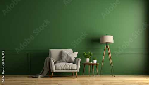 Chair and lamp in green room, created with ai generative technology