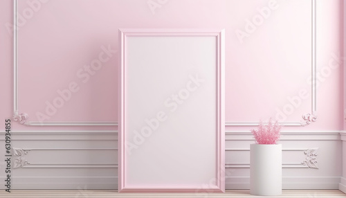 Pink and white interior room with white canva, created with ai generative technology 