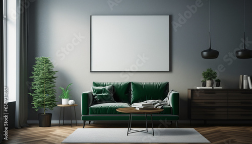 Modern living room with green sofa and white canva, created with ai generative technology