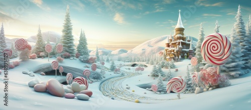 Fantasy world at Christmas time with Christmas trees and giant sweets, christmas landscape, Generative AI