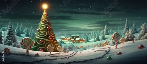 Fantasy world at Christmas time with Christmas trees and giant sweets, christmas landscape, Generative AI