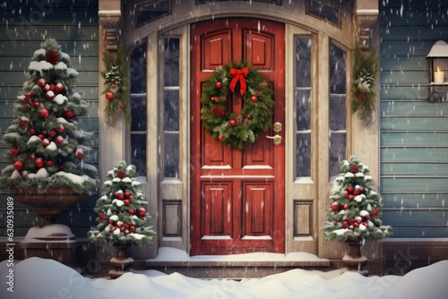 Red wooden door decorated with wreath and Christmas decorations, Home entrance with christmas decoration, Generative AI