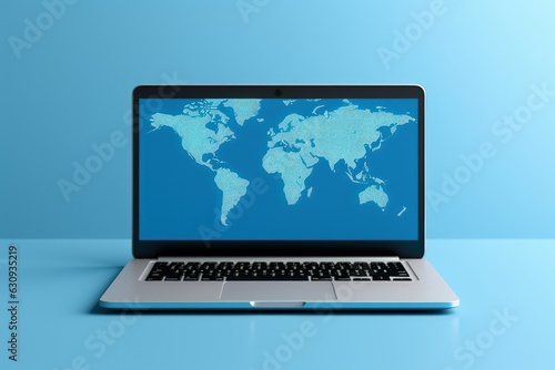 Laptop with world map on screen on blue background, Generative AI 