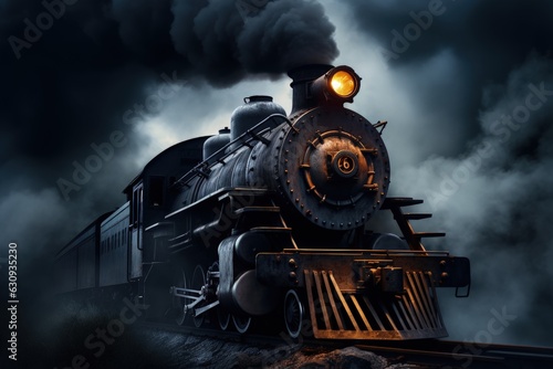 Locomotive, old steam train at night, Generative AI