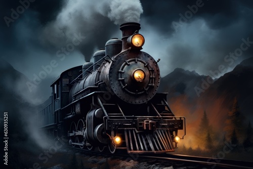 Locomotive, old steam train at night, Generative AI