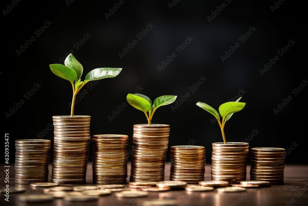 Plants growing on top of stacks of coins in a row on top of wooden table, financial growth concept, Generative AI Plants growing on top of stacks of coins in a row on top of wooden table, financial growth concept, Generative AI