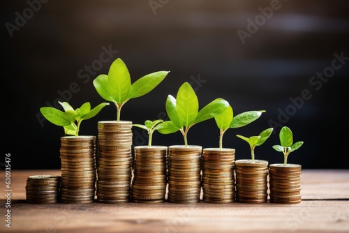 Plants growing on top of stacks of coins in a row on top of wooden table, financial growth concept, Generative AI