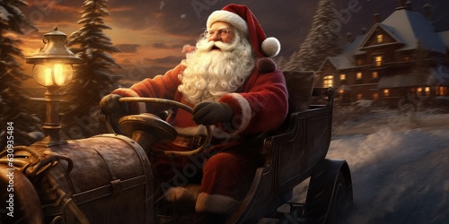Santa Claus driving sleigh in snow in village, Generative AI 