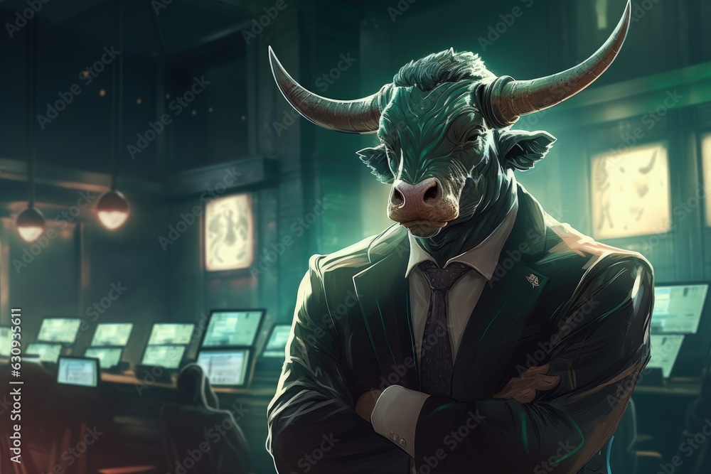 Bull-headed businessman wearing green suit in financial market office with multiple screens and monitors, Generative AI