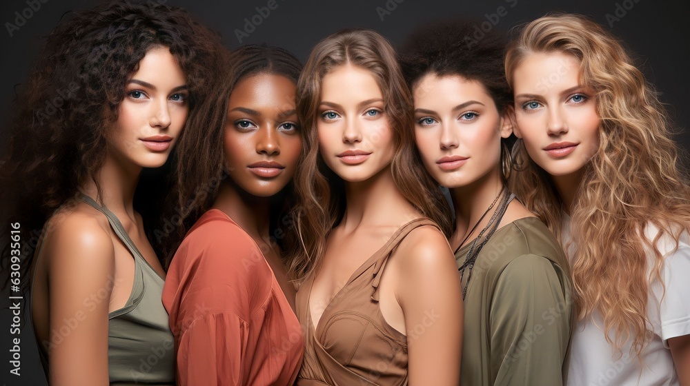 Obraz premium Portrait of beautiful women of different races smiling and happy on studio background