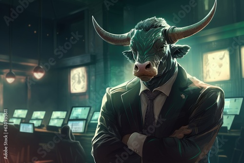 Bull-headed businessman wearing green suit in financial market office with multiple screens and monitors, Generative AI
