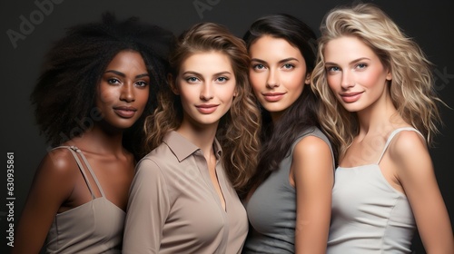 Portrait of beautiful women of different races smiling and happy on studio background