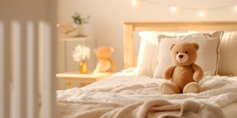 Children's bed with toy bear in cozy bed, Cute teddy bear sitting on children's bedroom