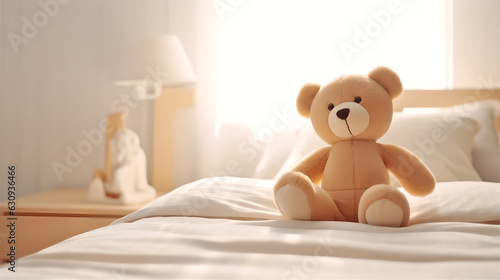 Children's bed with toy bear in cozy bed, Cute teddy bear sitting on children's bedroom