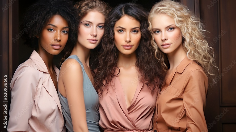 Obraz premium Portrait of beautiful women of different races smiling and happy on studio background