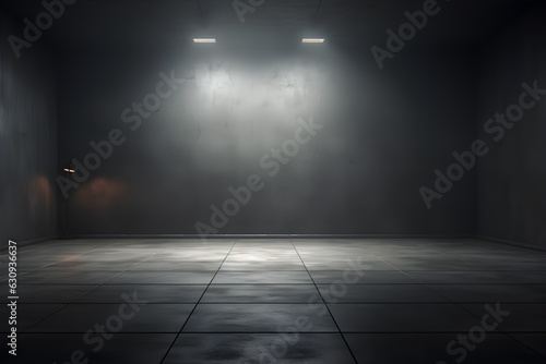 empty room with a wall and light studio room, dark interior texture for display products. wall background. AI generateempty dark wall room with spotlight 