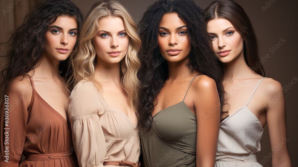Obraz premium Portrait of beautiful women of different races smiling and happy on studio background