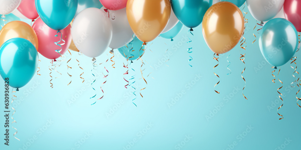 birthday party balloons with confetti on light blue background - Generative AI birthday party balloons with confetti on light blue background - Generative AI