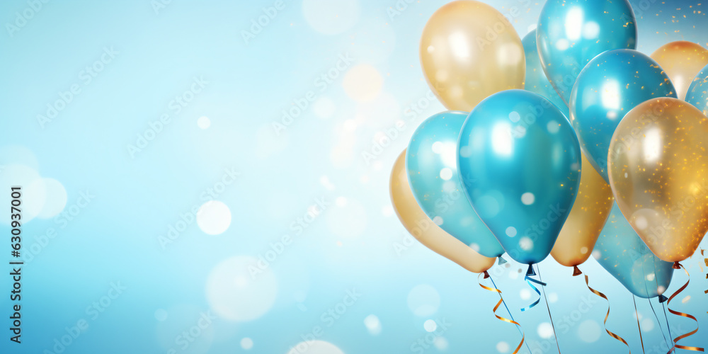 birthday party balloons with confetti on light blue background - Generative AI - obrazy, fototapety, plakaty 