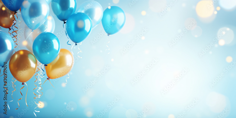 birthday party balloons with confetti on light blue background - Generative AI birthday party balloons with confetti on light blue background - Generative AI