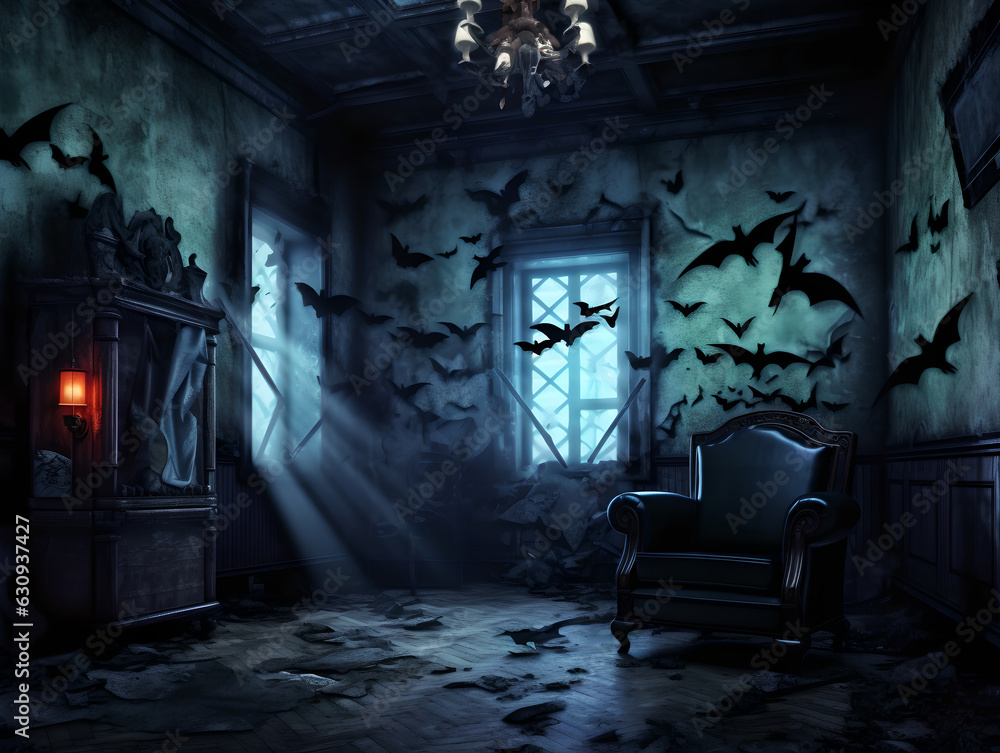 Empty dark haunted house room. Abandoned haunted house at night with