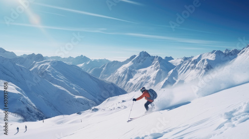 Winter Adventure in the Mountains: A Group of Skiers Enjoying the Descent down a Snow-Covered Alps Mountain, Framed by Breathtaking Snow-Capped Summits.