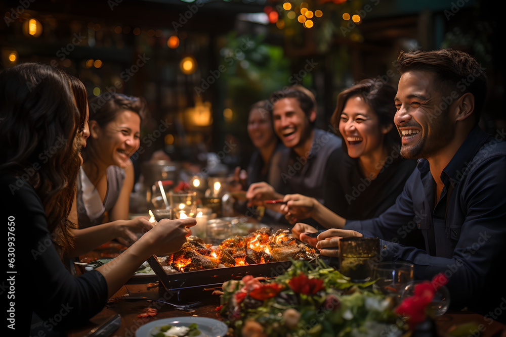 People of diverse ethnic having fun together sitting around the dining table. A group of people sitting around a table with food