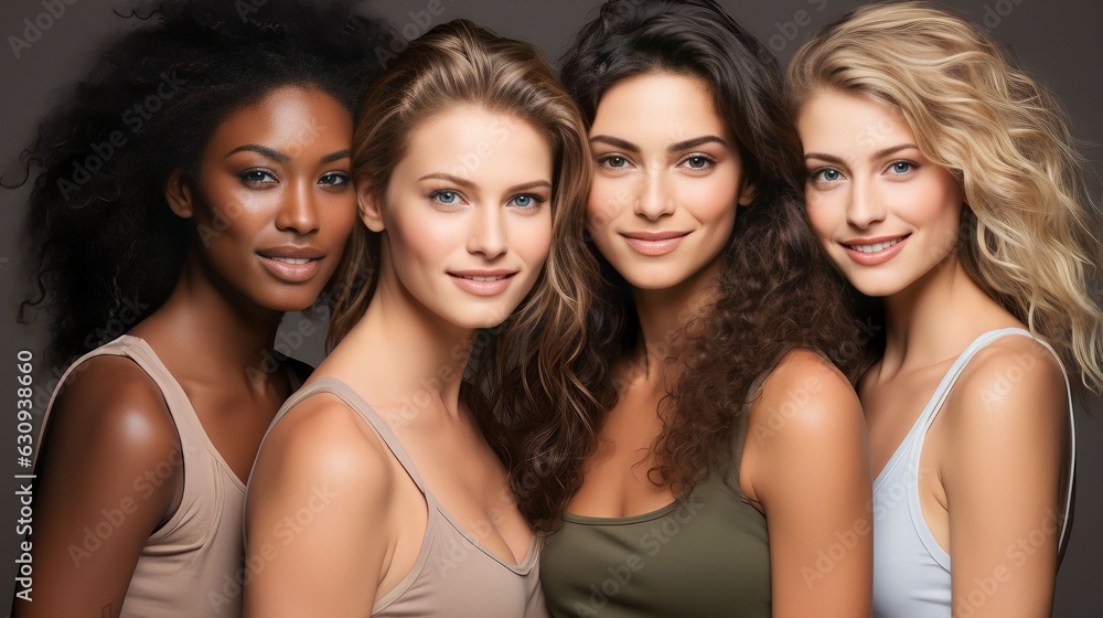 Portrait diversity beauty women with skincare smile and happy models, different and empowerment with motivation against studio background Portrait diversity beauty women with skincare smile and happy models, different and empowerment with motivation against studio background