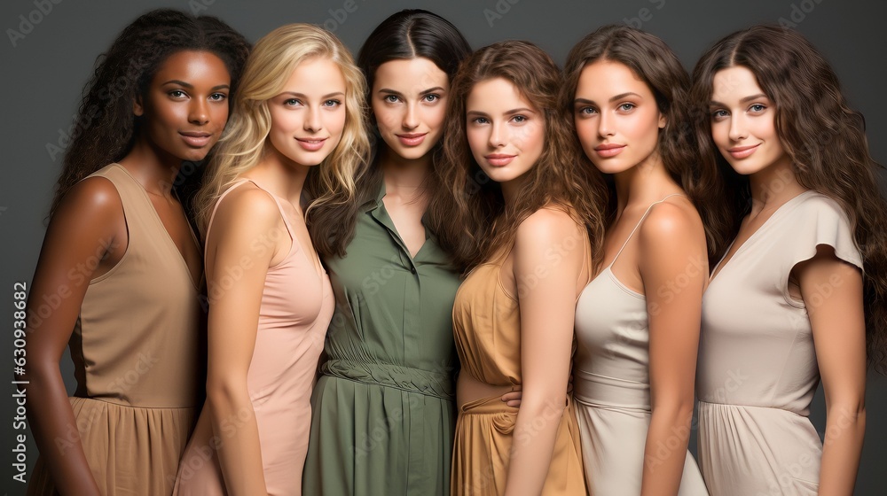 Portrait diversity beauty women with skincare smile and happy models, different and empowerment with motivation against studio background Portrait diversity beauty women with skincare smile and happy models, different and empowerment with motivation against studio background
