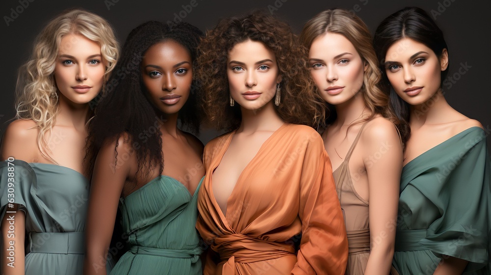 Portrait diversity beauty women with skincare smile and happy models, different and empowerment with motivation against studio background Portrait diversity beauty women with skincare smile and happy models, different and empowerment with motivation against studio background