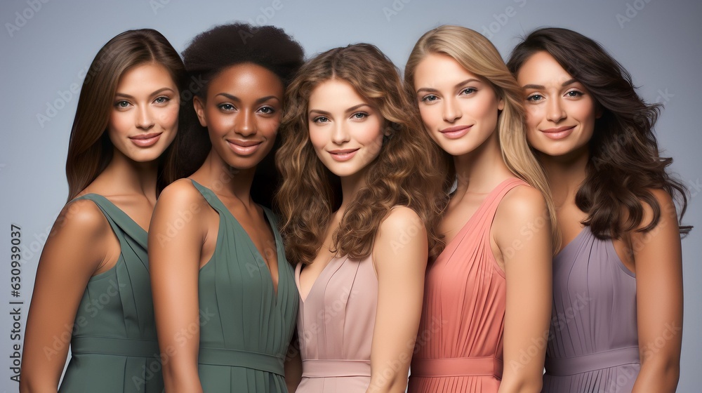 Portrait diversity beauty women with skincare smile and happy models, different and empowerment with motivation against studio background Portrait diversity beauty women with skincare smile and happy models, different and empowerment with motivation against studio background