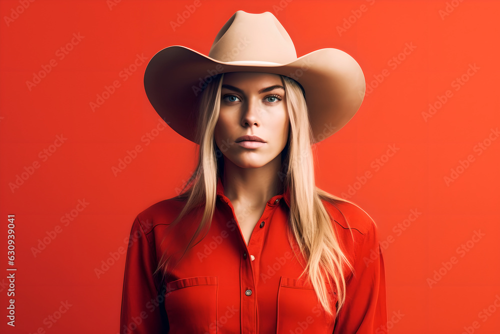Pretty woman in cowboy style in red background. Young cowgirl pose against red background Pretty woman in cowboy style in red background. Young cowgirl pose against red background