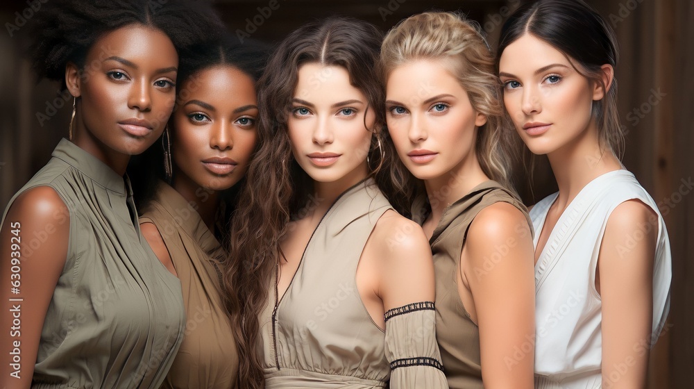 Obraz premium Portrait diversity beauty women with skincare smile and happy models, different and empowerment with motivation against studio background