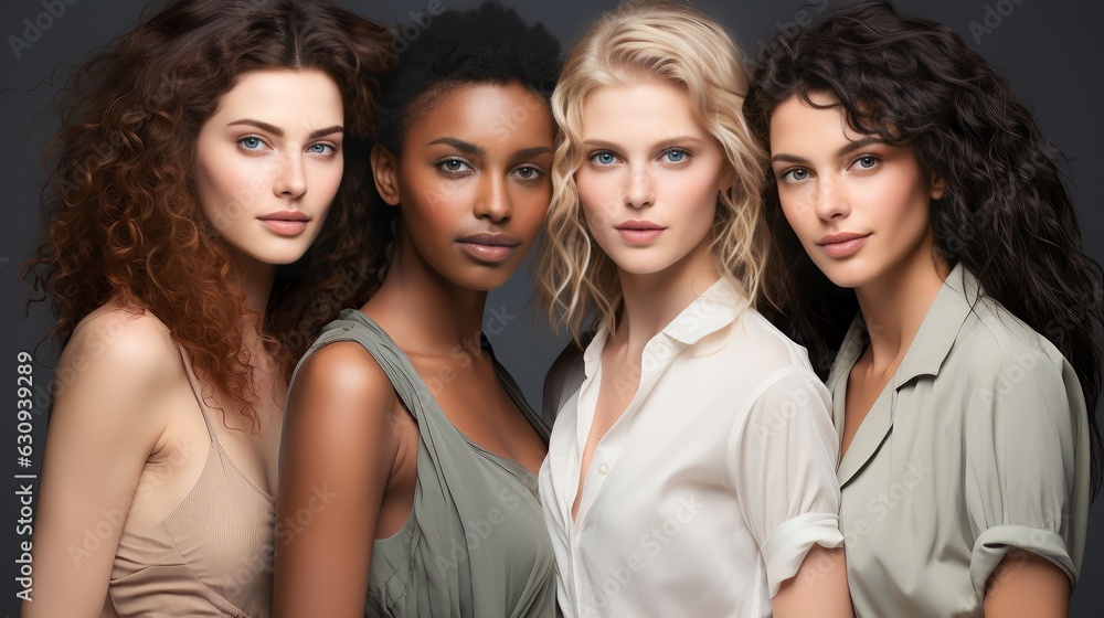 Portrait diversity beauty women with skincare smile and happy models, different and empowerment with motivation against studio background Portrait diversity beauty women with skincare smile and happy models, different and empowerment with motivation against studio background
